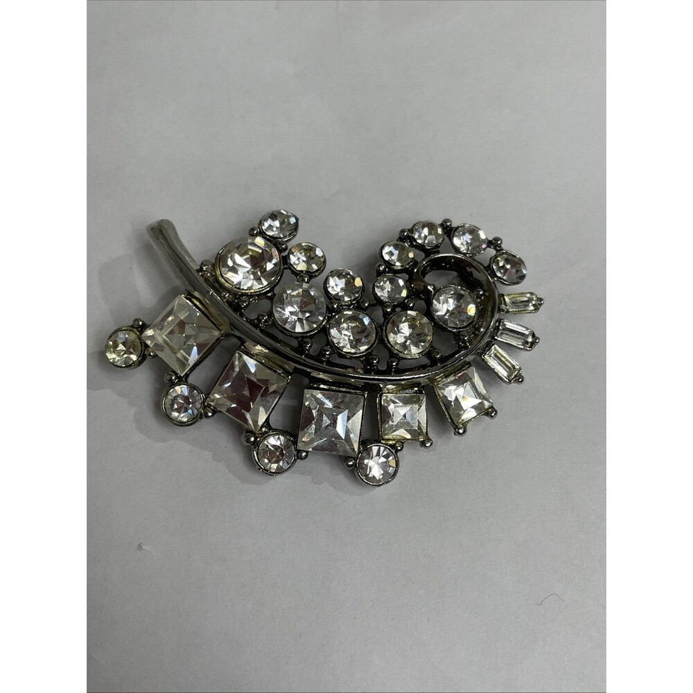 Vintage Rhinestone Brooch Silver Tone Large Heavy